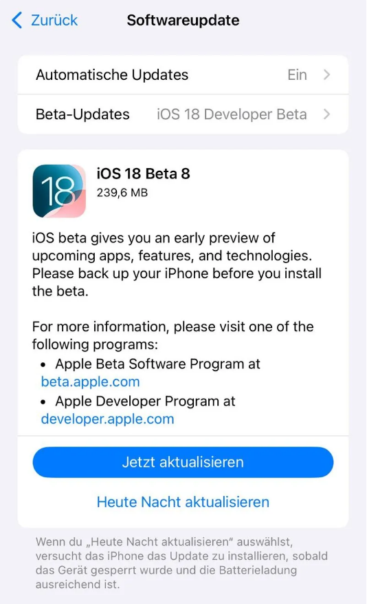 博厚镇苹果手机维修分享苹果 iOS / iPadOS 18 开发者预览版 Beta 8 发布 
